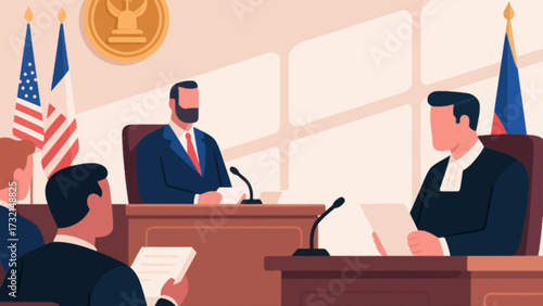 Lawyers and judges are in court, cartoon hand-drawn vector illustrations