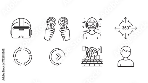 Virtual reality icons representing technology headsets controllers and digital worlds for futuristic experiences vector