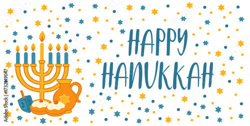 Hanukkah holiday banner with menorah, checked donuts, gift boxes