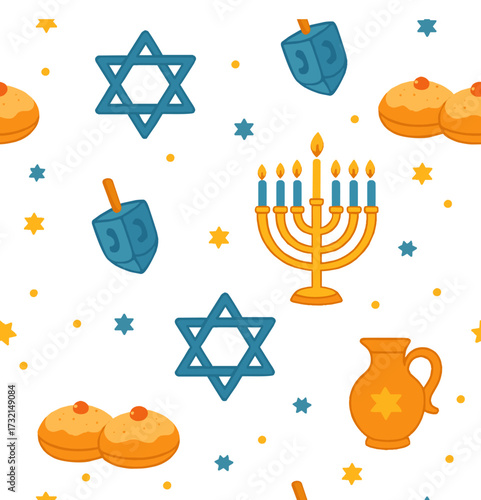 Hanukkah light holiday pattern design with menorah, checked donuts, gift boxes