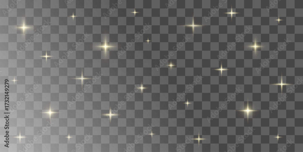 Naklejka premium Realistic Isolated Gold Stars Light flare on Transparent Background. Christmas background. PNG picture. Vector illustration.