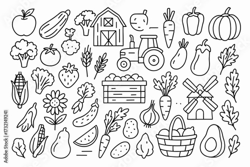 Farming and agriculture line icon set. harvest, farm equipment, produce illustrations