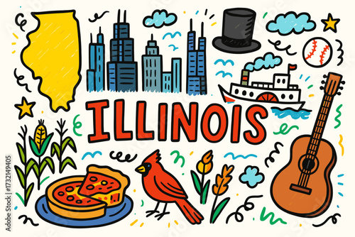 Illinois doodle icon set. state symbols and landmarks outline collection