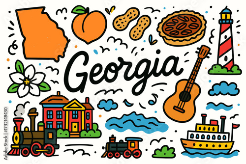 Georgia cultural icon set. state symbols, landmarks, travel attractions line icons