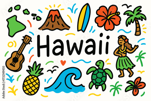 Hawaii travel flat icon set. tropical adventure, beach icons flat collection.