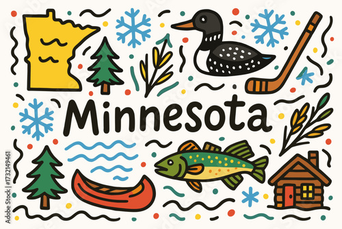Minnesota flat icon set. state symbols, wildlife, and nature icons flat collection