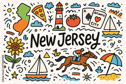 New jersey adventures solid icon set. state symbols, landmarks, and attractions.