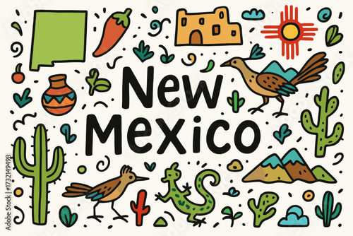 New mexico outline icon set. culture, nature, symbols in linear art.