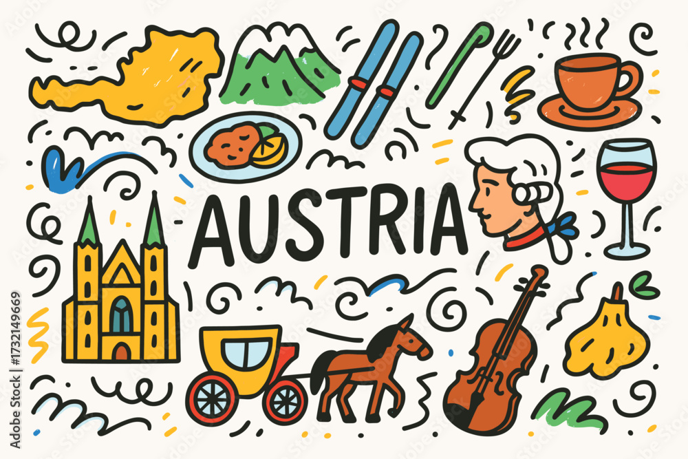 Fototapeta premium Austria travel icon set: flat style landmarks, culture, and food illustrations