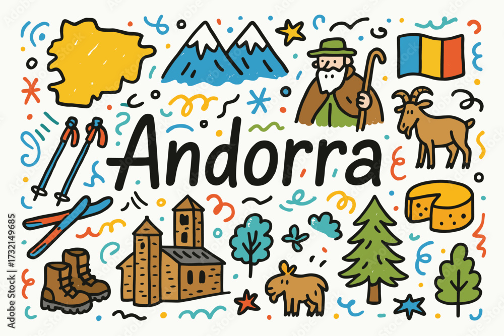 Naklejka premium Andorra doodle icon set with landmarks, nature and cultural elements in doodle style