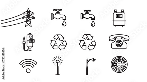 Collection of utility and service icons representing power water communication and recycling services vector