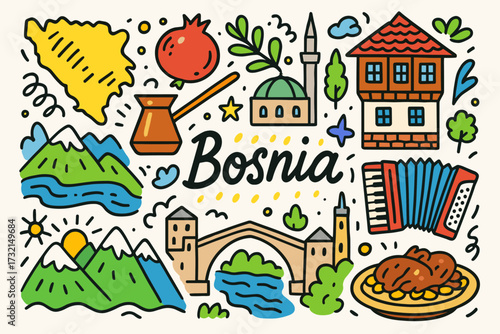 Bosnia travel icon set. cultural and tourism outline symbols collection.