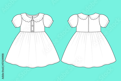 Girl Kids Puff Sleeves Peter Pan Collar Gathered Dress Outline Flat Sketch CAD Mockup.