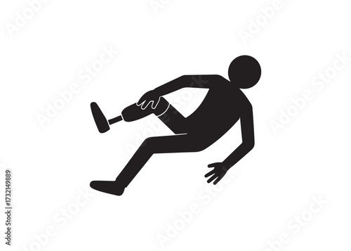 Person with prosthetic leg falling isolated on white background with copy space.