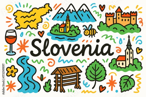 Slovenia doodle icon set. travel, culture, landmark illustrations in flat style