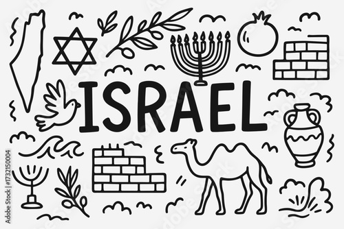 Israel outline icon set. jewish culture, heritage symbols in outline style
