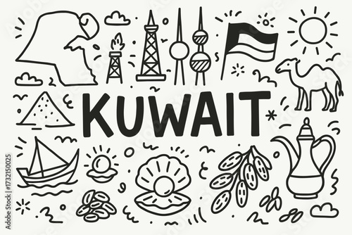 Kuwait culture outline icon set. traditional, landmark, heritage, middle eastern symbols