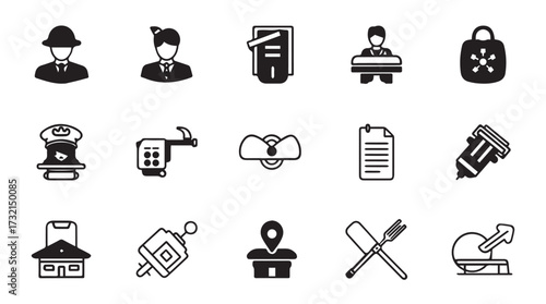 Collection of diverse icons representing various professions and tools for business and services vector