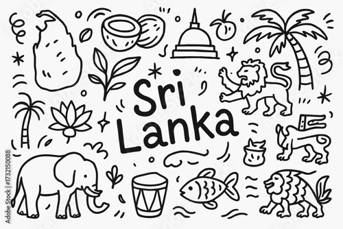 Sri lanka outline icon set. culture, travel, nature, traditional, national symbols.