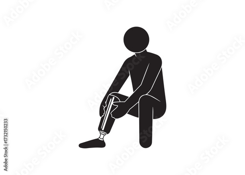 Person with bandaged knee sitting isolated on white background in silhouette.