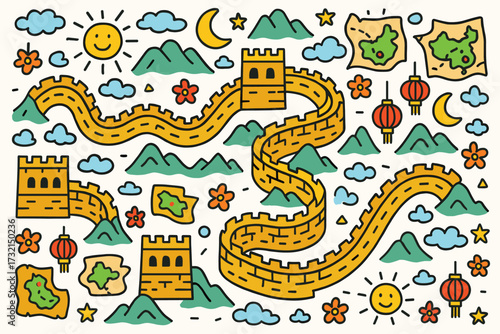 Cultural landmarks outline icon set featuring great wall of china and scenic elements