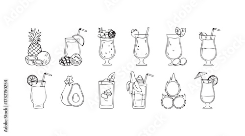 Whimsical hand-drawn cocktails and tropical drinks collection for refreshing summer vibes vector