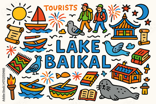 Travel, baikal flat icon set. tourists, lake baikal scenic flat icons collection