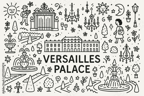 Versailles palace outline icon set. gardens, fountains, travel symbols in linear style