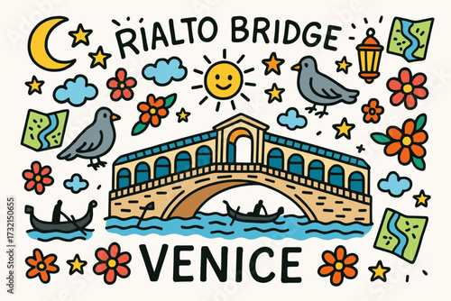 Venice, rialto bridge flat icon set. charming italy landmarks collection for travel