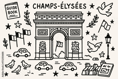 Paris, arc de triomphe outline icon set. french, travel doodle icons collection.
