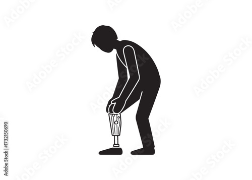Stick figure stretching leg isolated on white background, warming up before run.