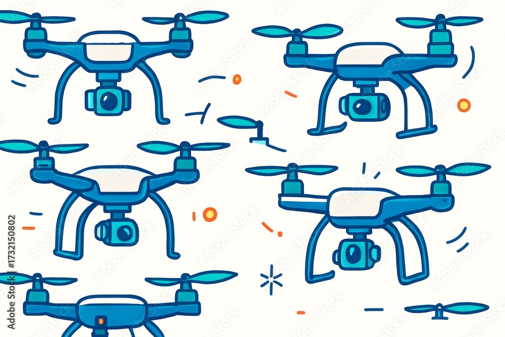 Fototapeta premium Multiple blue drones with cameras depicted in cartoon style flying on a white background with abstract elements illustrating technology concept. Ai generative