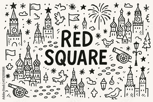 Moscow landmarks outline icon set. red square, kremlin outlines collection