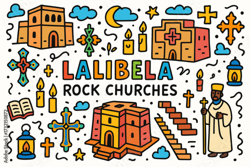 Lalibela rock churches icon set. ethiopian heritage, flat religious icons collection