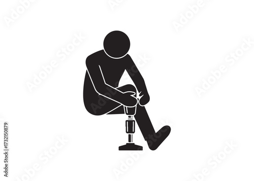 Person with bandaged knee sitting isolated on white background in silhouette.