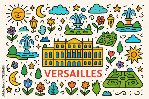 Versailles landmarks outline icon set. historical architecture, garden themed illustrations.