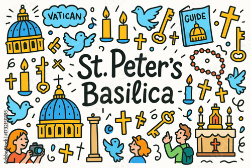 Vatican travel flat icon set. st. peter's basilica, faith and tourism symbols