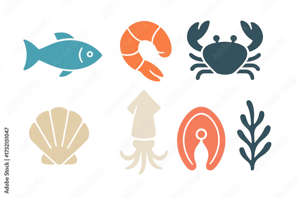 Naklejka premium Stylized collection of seafood and marine organisms including fish, shrimp, crab, scallop, squid, salmon, and seaweed