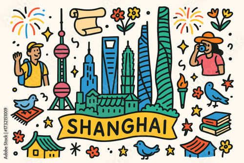 Shanghai landmarks line icon set. cityscape, tourism, travel icons outline collection.