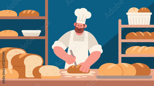 The baker is baking. Cartoon hand-drawn vector illustration