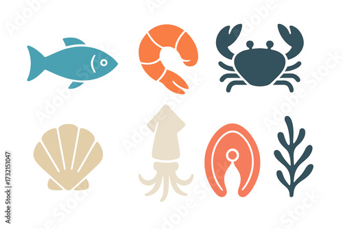 Stylized collection of seafood and marine organisms including fish, shrimp, crab, scallop, squid, salmon, and seaweed