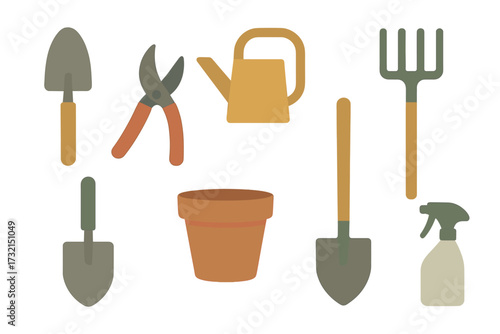 Assortment of essential gardening tools and equipment including shovels, pruners, watering can, and rake for home garden tasks