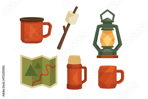 Collection of camping essentials including mugs, map, lantern, and marshmallow on a stick for outdoor adventures