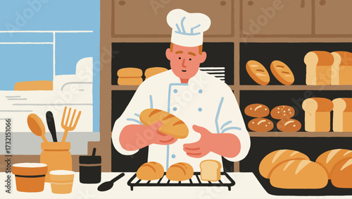 The baker is baking. Cartoon hand-drawn vector illustration