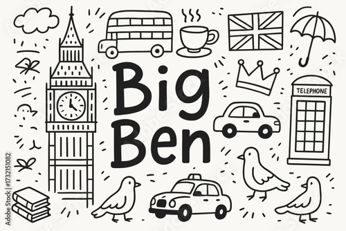 London travel outline icon set. big ben, telephone box, british symbols collection