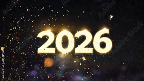 Cinematic New Year 2026 card background with fireworks and golden confetti