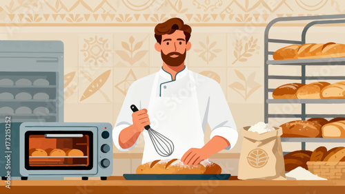 The baker is baking. Cartoon hand-drawn vector illustration