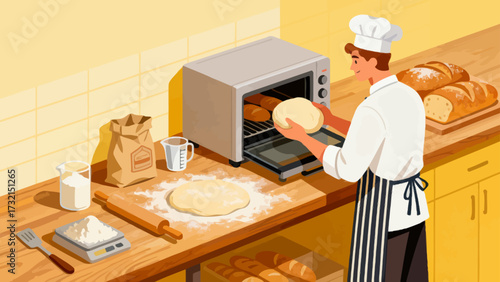 The baker is baking. Cartoon hand-drawn vector illustration