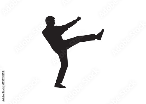 Silhouette of a man kicking isolated on white background