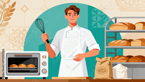 The baker is baking. Cartoon hand-drawn vector illustration